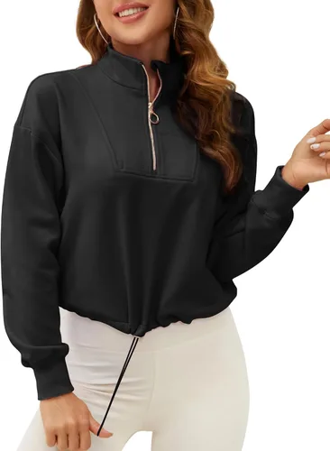 Vista 2 de SILKWORLD Sudadera corta con cremallera de un cuarto para mujer, manga larga, cuello alto, cordón ajustable, con bolsillos