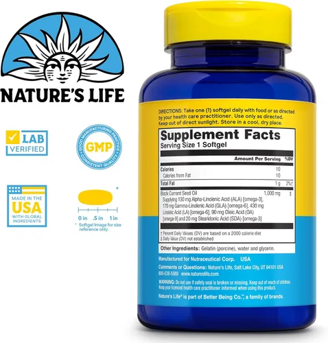 Vista 2 de Nature's Life Aceite de semilla de grosella negra 1000 mg con omega-3 ALA, Omega-6 GLA y ácido estearidónico 60