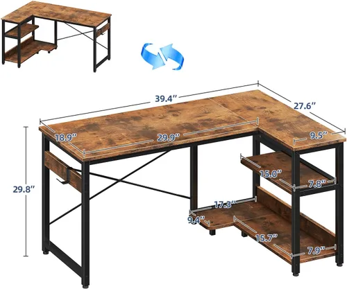 Vista 3 de Casaottima Escritorio para computadora en forma de L, escritorio de esquina pequeño de 40 pulgadas con estantes de almacenamiento y soporte de PC