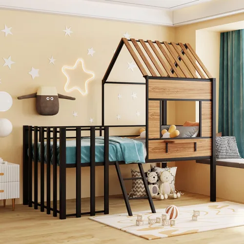 Vista 21 de Harper & Bright Designs Junoir - Cama tipo loft de metal tamaño individual para niños, cama baja con techo y escalera, cama tipo loft individual