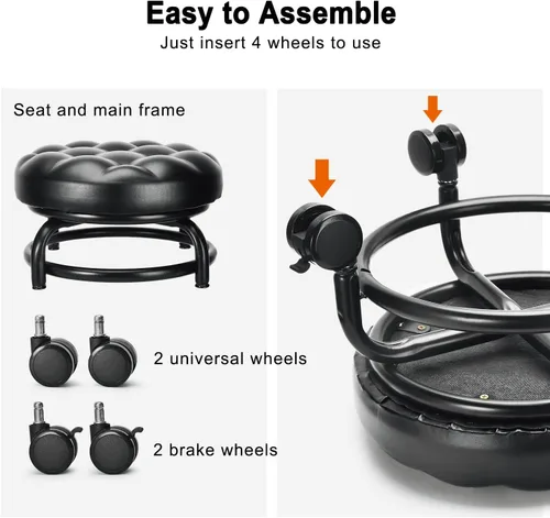 Vista 4 de Taburete enrollable de baja altura de piel sintética, cómodo asiento giratorio de 360°, silla moderna con ruedas para oficina en casa, garaje, tienda