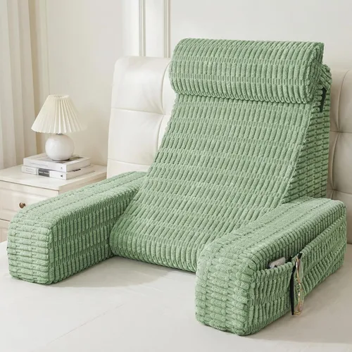 Vista 9 de Almohada de lectura de 19 pulgadas para cama con brazos integrados y bolsillos grandes, cojín de respaldo de apoyo para leer, descansar o Gris