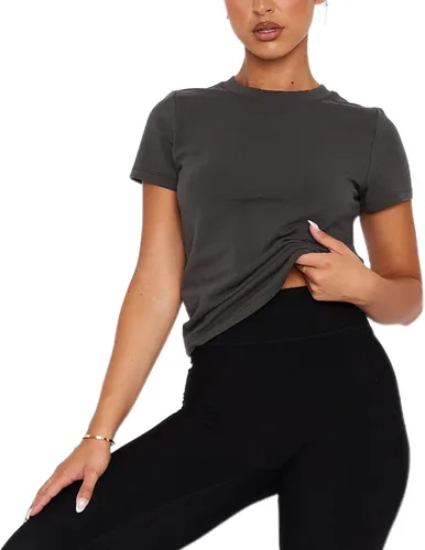 Vista 3 de Pivanzore Camiseta corta para mujer, cuello redondo, manga corta, color sólido, ajustada, casual, básica, ajustada, ropa de calle
