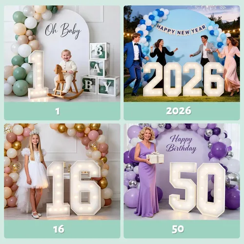 Vista 6 de Marquesina de 3 pies con números iluminados 0, decoración de fiesta, letras grandes iluminadas con bolsa de agua pesada, juego de tablas de espuma