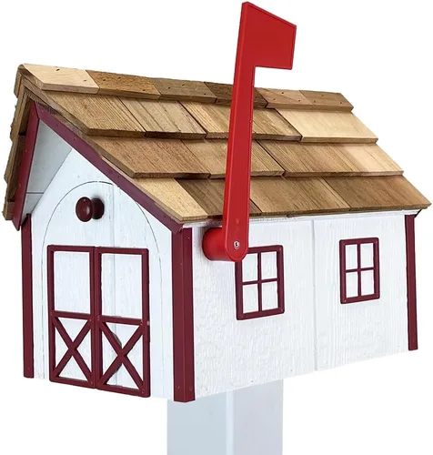 Vista 16 de Buzón de madera estilo «amish» con techo de cedro de Peaceful Classics con ventana y molduras de puerta, buzones artesanales para exterior, buzones