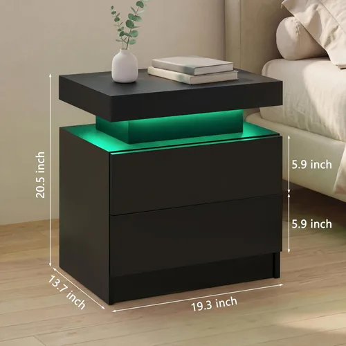 Vista 2 de Generic Juego de 2 Mesitas de noche con 2 cajones, mesa de noche con cajones para muebles de dormitorio, mesa auxiliar con luz LED, color negro