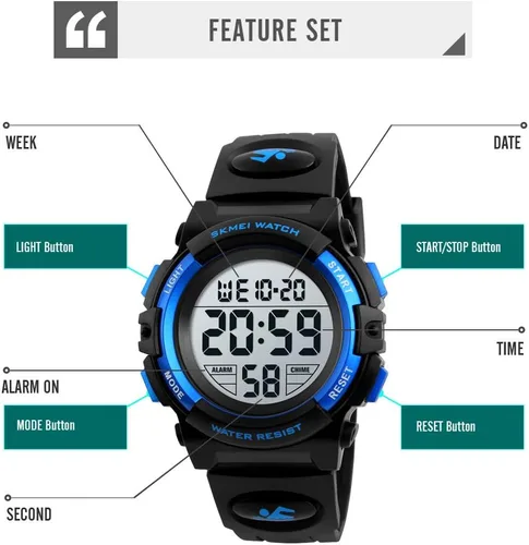 Vista 4 de Reloj digital para niños, deportes al aire libre, impermeable, multifuncional, 7 colores, luces LED de 1224 H, calendario de cronómetro de alarma