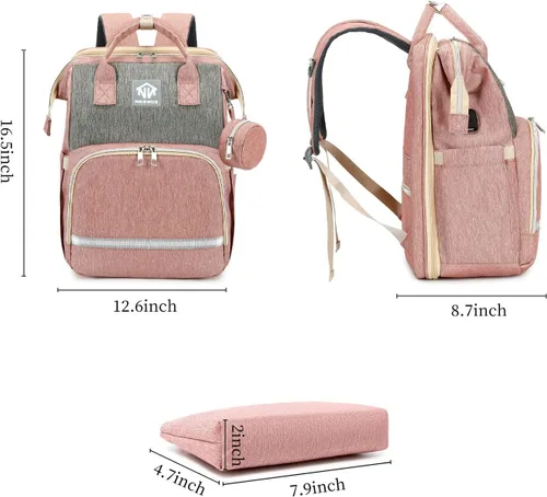 Vista 6 de NEENUX Bolsa de pañales con cambiador - Mochila 3 en 1 para pañales, bolsas de bebé para niñas y niños, bolsa de mamá, Rosa-gris, Mochilas de viaje