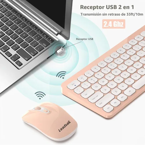 Vista 3 de LeadsaiL Combo de teclado y mouse inalámbricos, juego de mouse y teclado inalámbricos ergonómicos para computadora, mouse y teclado compacto y Rosa