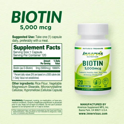 Vista 2 de Biotina de alta potencia 5000mcg - Apoya la salud del cabello, la piel y las uñas, 120 cápsulas vegetales