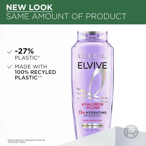 Vista 6 de L'Oreal Paris Elvive Hyaluron Plump Champú hidratante para cabello deshidratado y seco infundido con complejo de cuidado de ácido hialurónico, sin