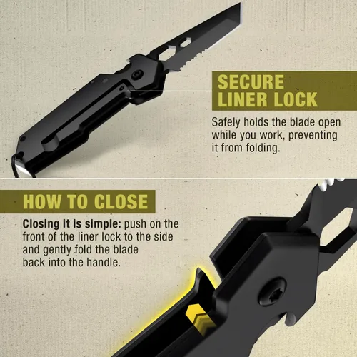 Vista 5 de Mini Cuchillo de Llavero con Mosquetón - Hoja Serrada Tanto de 1.3" - Multiherramienta Negra 6 en 1 - Abridor de Botellas, Cortador de Caja, Bloqueo