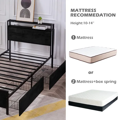 Vista 3 de GAZHOME Base de cama de tamaño individual con 2 cajones de almacenamiento, base de cama de plataforma con cabecera de almacenamiento, soporte