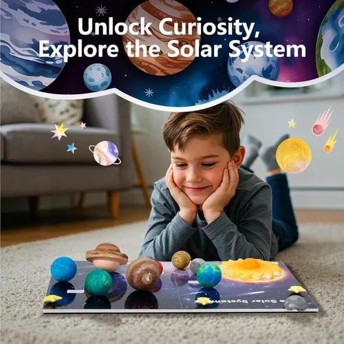 Vista 2 de Kit de modelo del sistema solar Pllieay, kit 3D del sistema solar con tablero de exhibición, 17 bolas de espuma, 12 pigmentos de color, pinceles