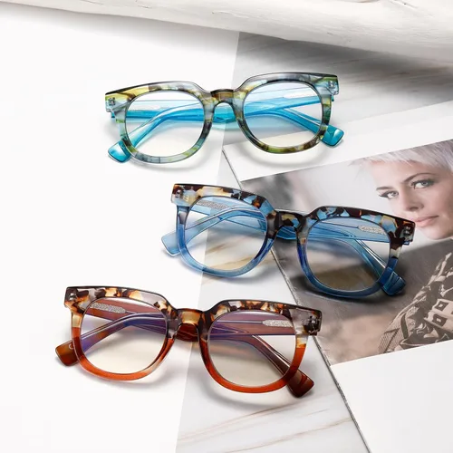 Vista 6 de Viseng Gafas de lectura de moda con bloqueo de luz azul cuadrada para mujer del mundo del espectáculo con estilo +0.0 (naranja)