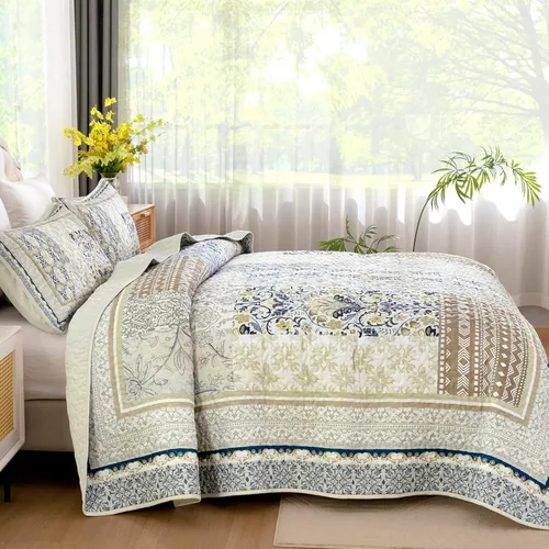 Vista 3 de WONGS BEDDING Juego de edredón bohemio tamaño Queen, juego de colcha de retazos beige de 3 piezas, juego de ropa de cama de microfibra suave