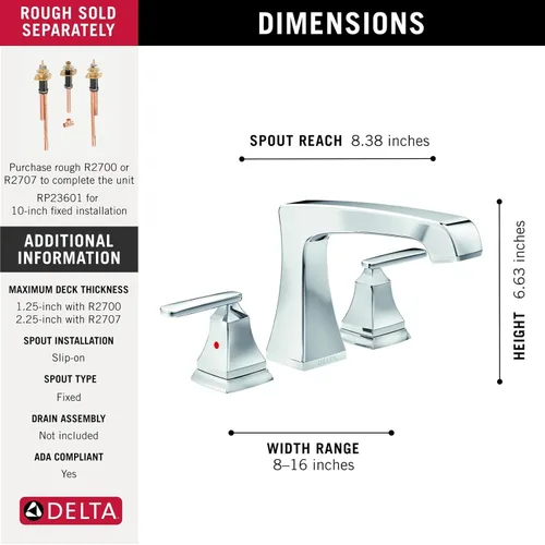 Vista 3 de Delta Ashlyn Grifo Romano de Tina, Grifo de Bañera de Montaje en Cubierta Cromado, Cromado T2764 (Válvula No Incluida)