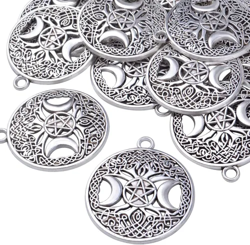 Vista 4 de BronaGrand 20pcs Tree of Life Charms with Triple Moon Goddess Pentagram Tibetan Alloy Round Pentacle Pendants Vintage Tree Dangle Charms for DIY