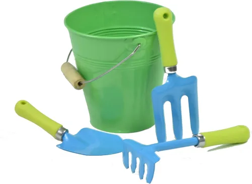 Vista 10 de JustForKids - Juego de 2 herramientas de jardín, cubos de metal verde y azul con mini pala, rastrillo y cultivador, asas de madera, herramientas