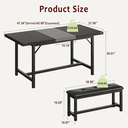 Vista 9 de GarveeHome Juego de mesa de comedor extensible de 5 piezas para 4-6, mesa de cocina y 2 bancos tapizados con protector de esquina de metal, juego