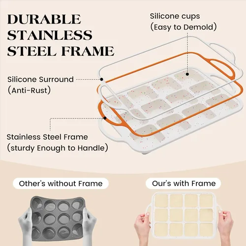 Vista 2 de 1 pieza de sartén para brownie con divisores de silicona antiadherente, mini individual, 12 tazas, sartén cuadrada para muffins y cupcakes con marco