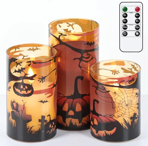 Vista 18 de Eldnacele Velas LED sin llama parpadeantes de Halloween, funcionan con pilas, con temporizador de 6H, calcomanías de calavera, telaraña, cuervo