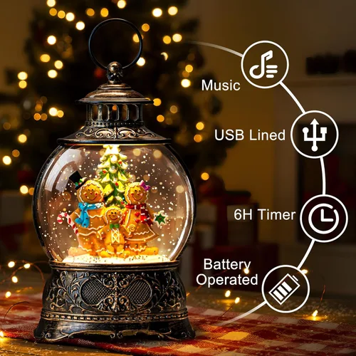 Vista 2 de Linterna de globo de nieve de Navidad con agua con escena de jengibre, funciona con batería o USB, luz musical iluminada, decoración festiva