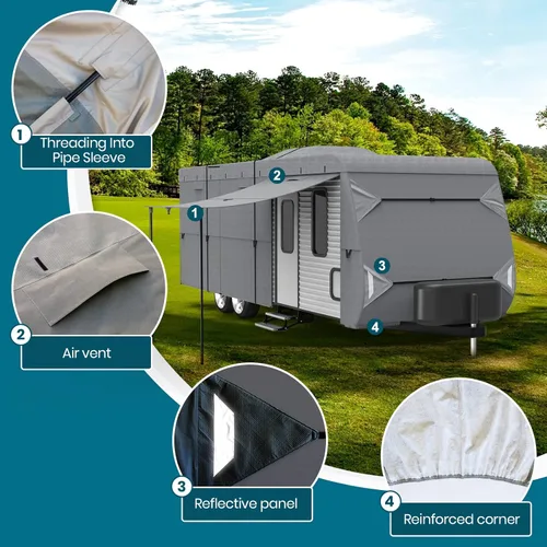 Vista 3 de Cubierta de remolque de viaje de fácil instalación, extra gruesa, 6 capas, panel superior anti-UV con 2 correas y 4 cubiertas de neumáticos