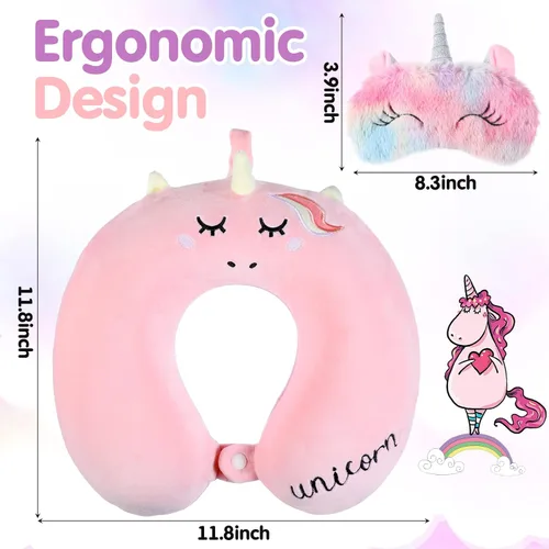 Vista 2 de Juego de 6 almohadas de viaje para niños, almohada para el cuello para viajar con bonita máscara de sueño, almohada de espuma viscoelástica