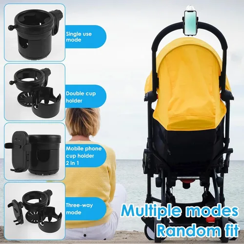 Vista 3 de Portavasos universal 4 en 1 para cochecito con soporte de teléfono de 360°, soporte ajustable para bebidas y teléfono para cochecitos, sillas