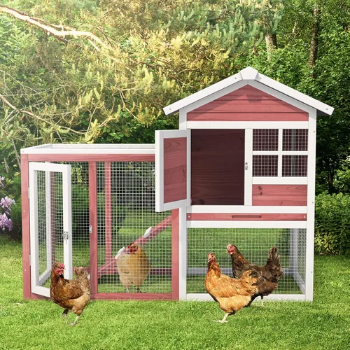 Vista 8 de Tangkula Conejera de madera para conejos, jaula de conejo para interiores y exteriores con paso, bandeja extraíble, rampa, puerta de ventilación