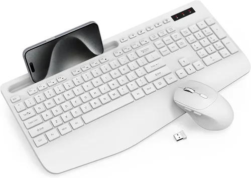 Vista 17 de Combo de teclado y mouse inalámbrico - Teclado ergonómico de tamaño completo con reposabrazos, soporte para teléfono, modo de suspensión, combo