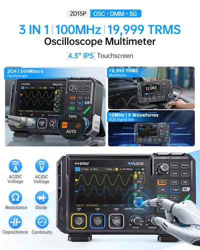 Vista 2 de FNIRSI 2D15P Multímetro de osciloscopio digital de 100 MHz, generador de señal DDS 3 en 1, multímetro de osciloscopio automotriz de 2 canales 19,999