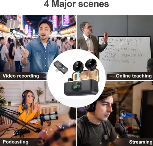 Vista 3 de Micrófono Lavalier inalámbrico magnético para Android, iPhone (2 TX+1 RX+estuche de carga), cancelación inteligente de ruido de 2.4 GHz, rango de 82