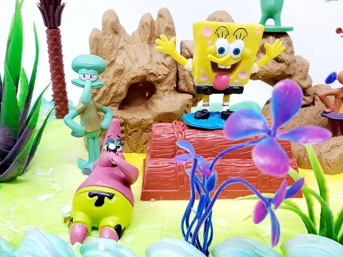 Vista 3 de Bob Esponja para pastel con Patrick, tablones, calamardo, arena y amigos (diseño único)