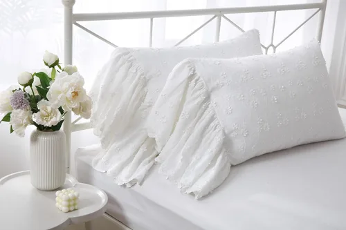 Vista 17 de Fundas de almohada grises con volantes largos de cortinas, fundas de almohada grises de algodón puro, tamaño estándar 20"X26", paquete de 2