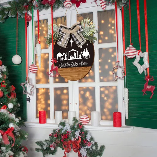 Vista 7 de Whaline Letrero colgante de madera de Navidad rústico con lazo para la puerta delantera, con lazo para el hogar, interior, exterior, granja, pared