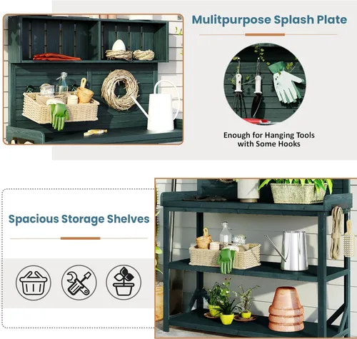 Vista 5 de Polibi - Mesa de banco para macetas con estantes de almacenamiento y gancho lateral, estación de trabajo grande de madera rústica para patio al aire