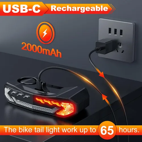Vista 5 de Luz trasera inteligente para bicicleta con intermitentes y luz de freno, alarma recargable antirrobo con mando a distancia, bocina de bicicleta