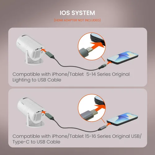 Vista 3 de Mini proyector portátil 4K 1080P proyección compatible, proyector inteligente de películas con soporte giratorio de 180°, corrección trapezoidal