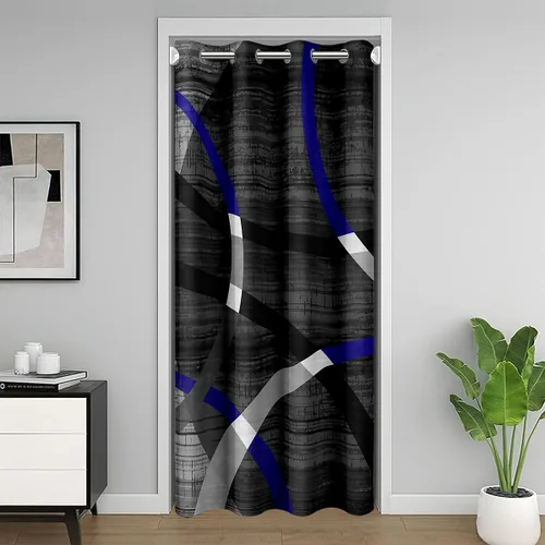 Vista 43 de Cortina de puerta con diseño de remolinos azules, negros y blancos, 1 panel de 34 pulgadas de ancho x 80 pulgadas de largo, cortinas opacas