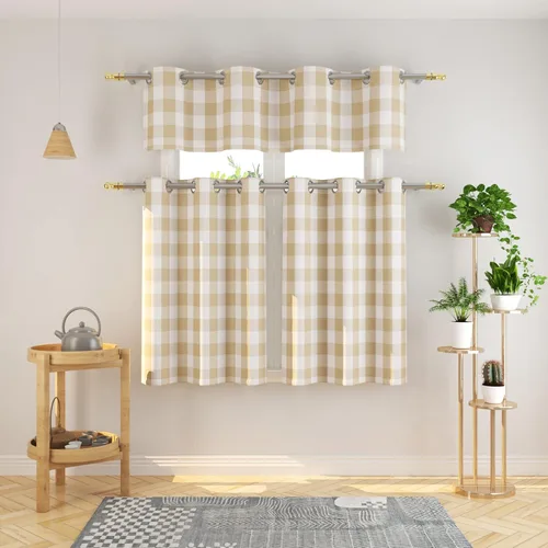 Juego de 3 cortinas de algodón para ventana de cocina con ojales en la parte superior, color beige y blanco, 54 x 18 pulgadas/32 x 24 pulgadas