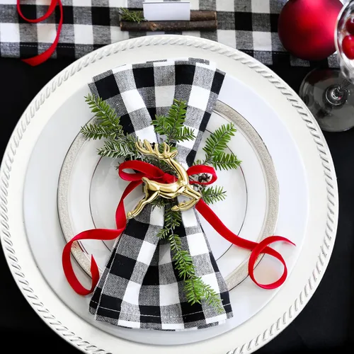 Vista 6 de ZeeDix Juego de 8 servilleteros dorados de renos navideños, anillo para servilletas de tela para decoración de mesa de cena navideña