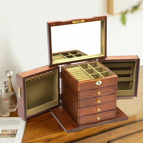 Vista 3 de Jewelry Box with Key Lock, 5-Layer Large Organizer Box with Mirror and 2 swing-out cabinets and 4 Drawers, Soft Velvet Lining, for Rings Earrings