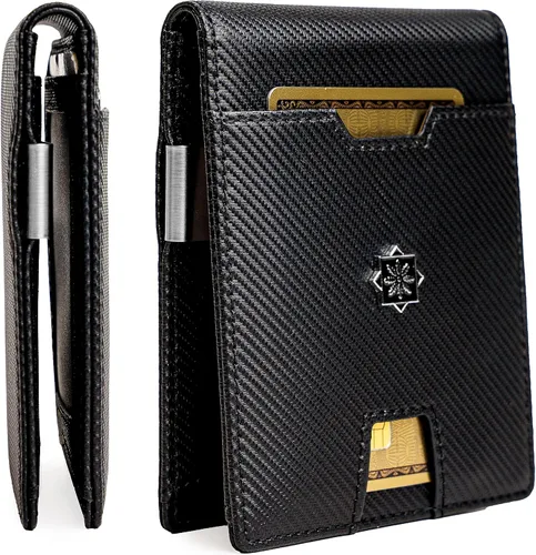 Cartera delgada para hombre con clip para dinero, bloqueo RFID, soporte para tarjetas de crédito plegable para hombres con caja de regalo, Carbono