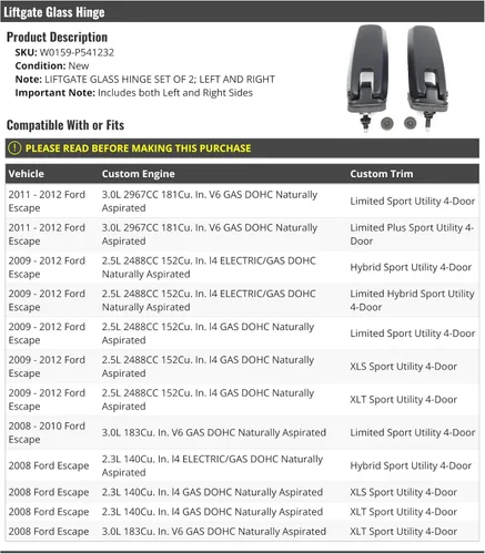 Juego de bisagras de vidrio para puerta elevadora izquierda y derecha, compatible con Ford Escape 2008-2012