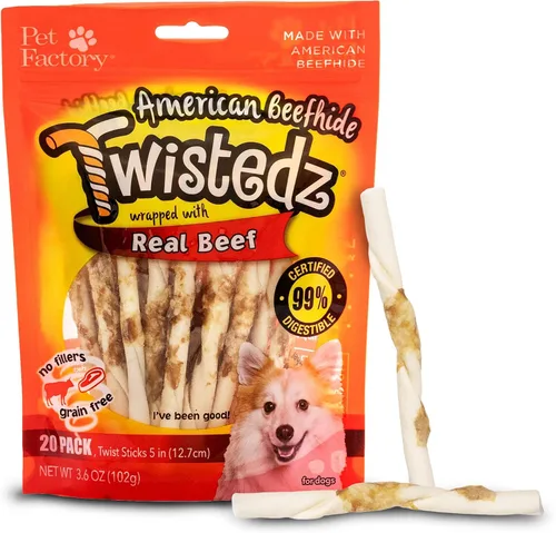 Pet Factory Twistedz American Beefhide - Golosinas masticables para perros de 5 pulgadas con envoltura de carne de res real, 20 unidades, 1 paquete