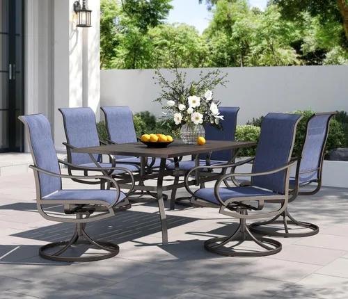 Vista 17 de PHI VILLA Juego de comedor de 5 piezas para patio al aire libre con 4 sillas de comedor giratorias y 1 mesa de comedor similar a la madera, silla