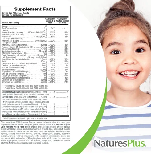 Vista 5 de Natures Plus Animal Parade Source of Life Gold Multivitamínico masticable para niños, varios sabores de cereza, naranja y uva, 60 tabletas