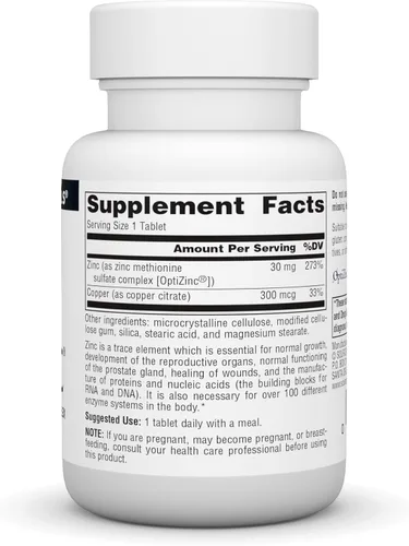 Vista 2 de Source Naturals OptiZinc Zinc Metionina Sulfato Complejo & Suplemento Dietético - 60 Tabletas